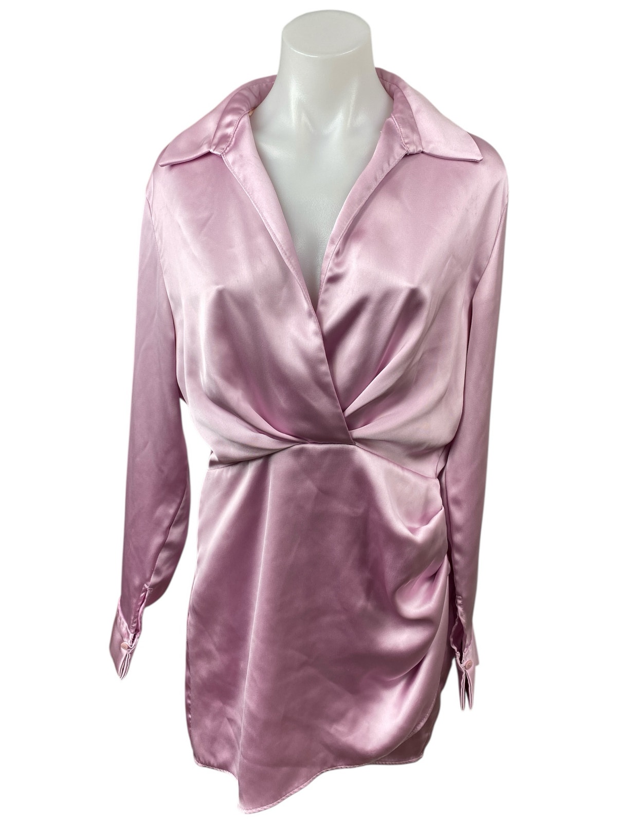 Zara Pink Satin Ruched Draped Collared Long Sleeve Mini Wrap Shirt Dress Size M